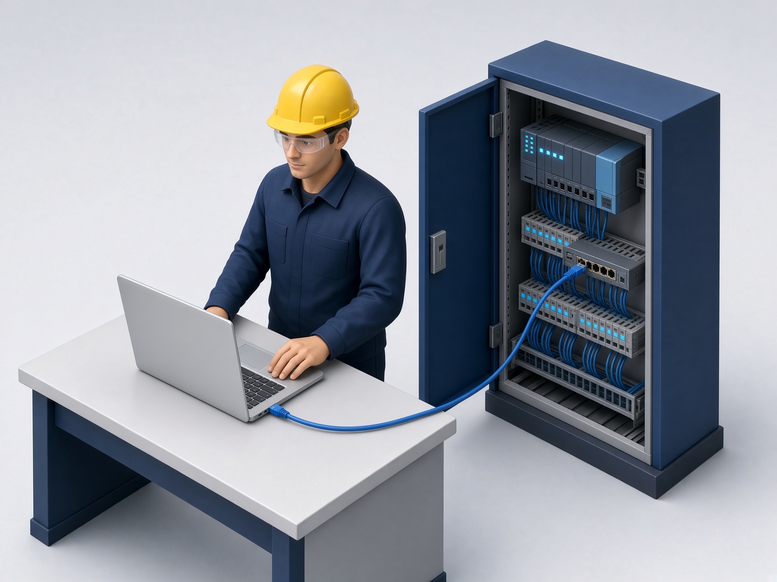 Controls engineer in a hard hat at a laptop beside an open electrical cabinet